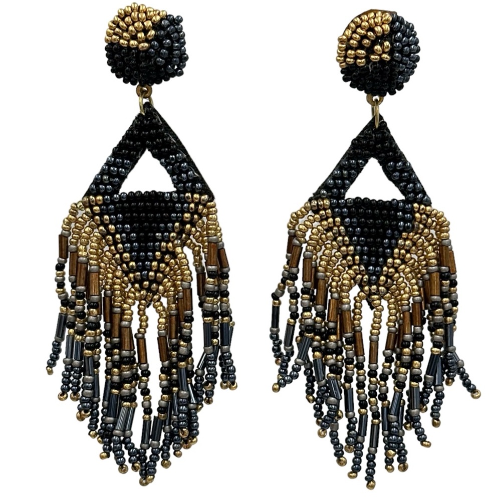 Chunky Seed Bead Tribal Black Gold Brown Statement Tassel Fringe Earrings